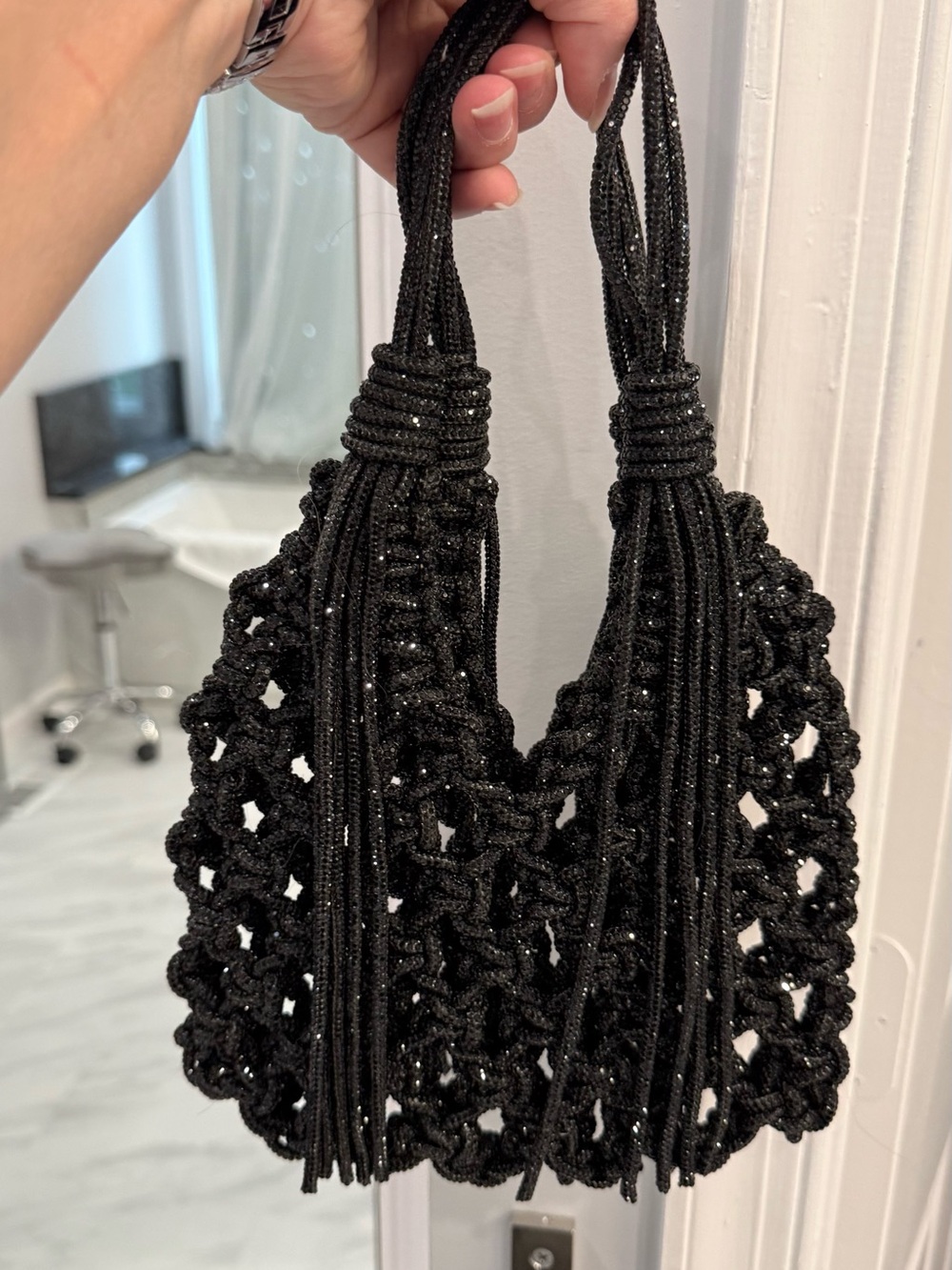 Black Knitted Tassel Tote Bag - Elegant Evening Handbag